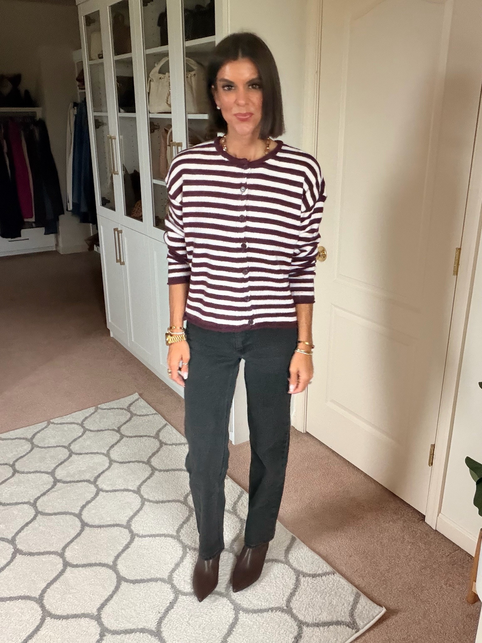 New @Walmart finds! Size xs in $14 stripped cardigan, size 0 in jeans. Love these new Walmart boots! Tts