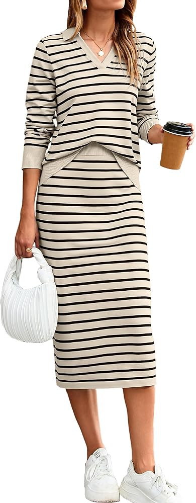 Glamaker Womens 2 Piece Skirt Sets Striped Sweater Dress Casual Polo Neck Knit Long Sleeve Midi D... | Amazon (US)
