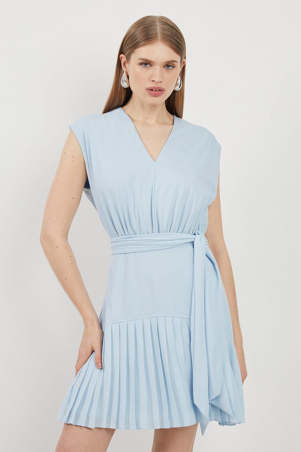 Jersey And Georgette Mix Pleated Sleeveless Mini Dress | Karen Millen US