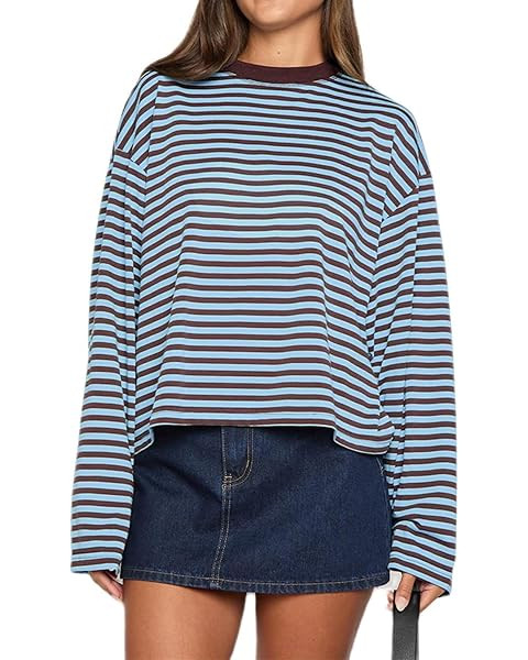 Striped Long Sleeve Shirt Women Oversized Sweatshirt Baggy Tee Shirts Crewneck Pullover Y2K Tops | Amazon (US)