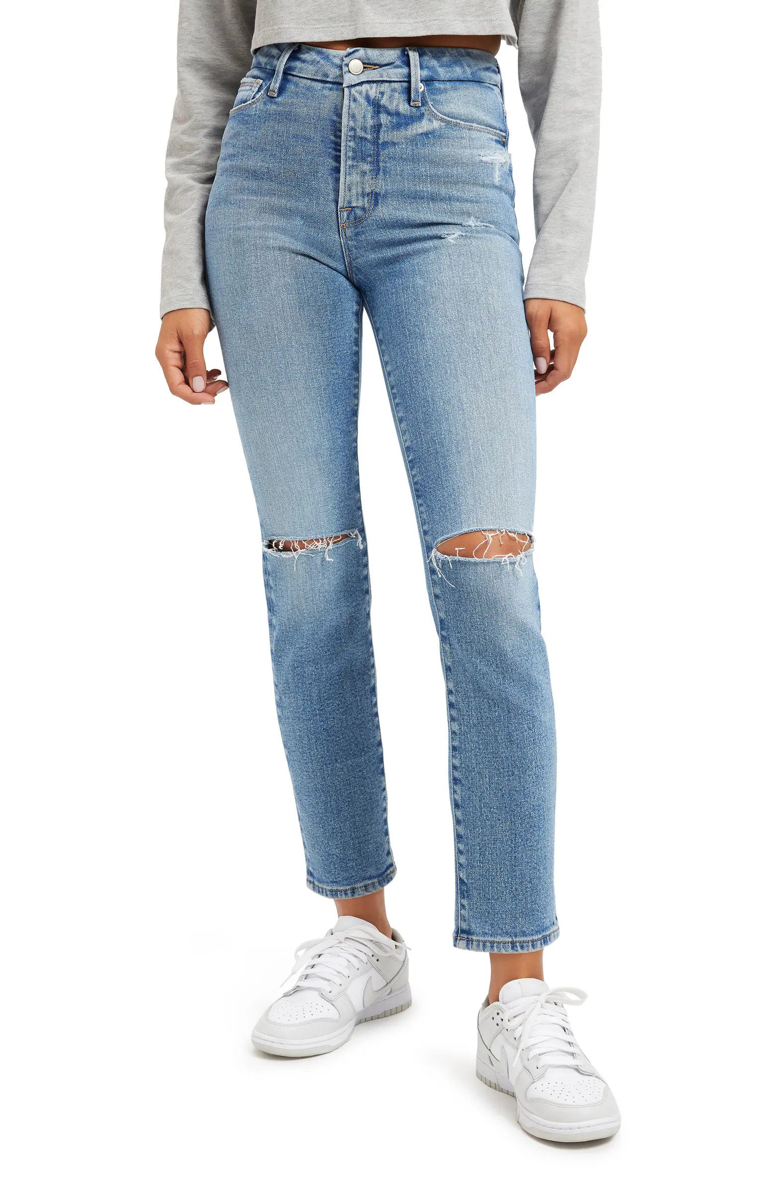 Good American Classic Distressed High Rise Slim Leg Jeans | Nordstrom | Nordstrom