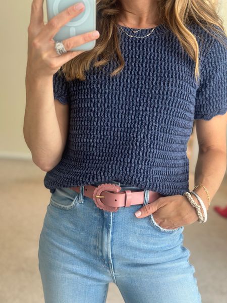 Scalloped belt 
Soft navy sweater top 
Easy outfit idea 

#LTKStyleTip #LTKSaleAlert