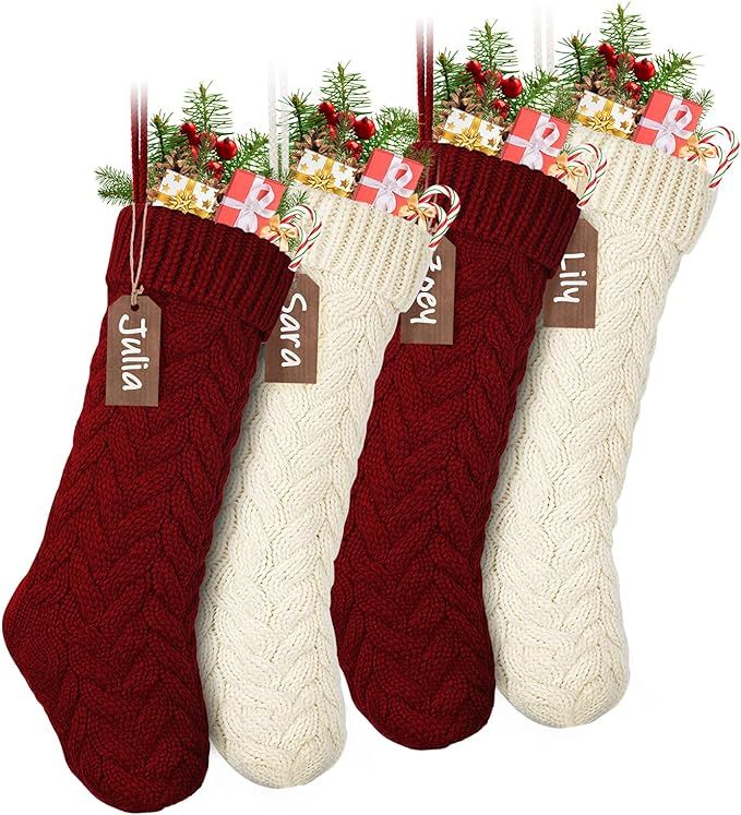 Amazon.com: LIBWYS Knit Christmas Stockings with Name Tags, 4 Pack 18" Large Cable Xmas Stockings... | Amazon (US)