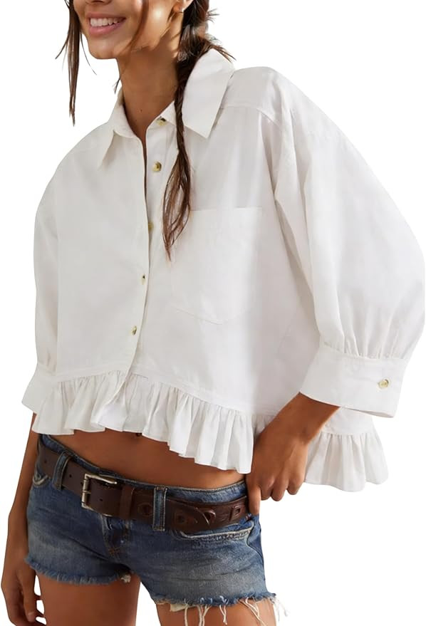 InterNos Womens Striped 3/4 Sleeve Blouse Loose V Neck Button Down Ruffled Hem Vertical Shirt Top... | Amazon (US)