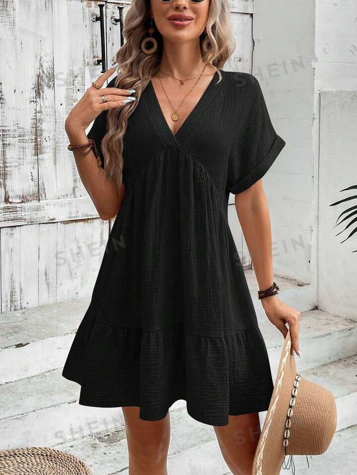 SHEIN LUNE Women's V Neck Loose Fit Babydoll Dress, Short Sleeves With Fold-Over Detail, With Dou... | SHEIN