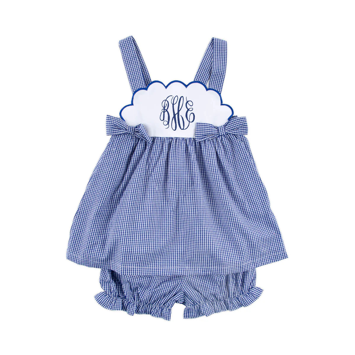 Royal Blue Gingham Tess Scalloped Side Bow Bloomer Set | Classic Whimsy