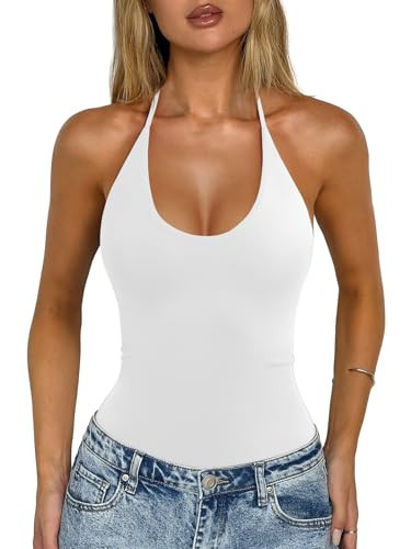 REORIA Sexy Halter Backless Tie Back Bodysuits for Women Deep Scoop Neck Thong Bodysuit Cami Tank Top Double Lined Body Suits Leotard Going Out Tops 2026 Summer Brilliant White Medium | Amazon (US)
