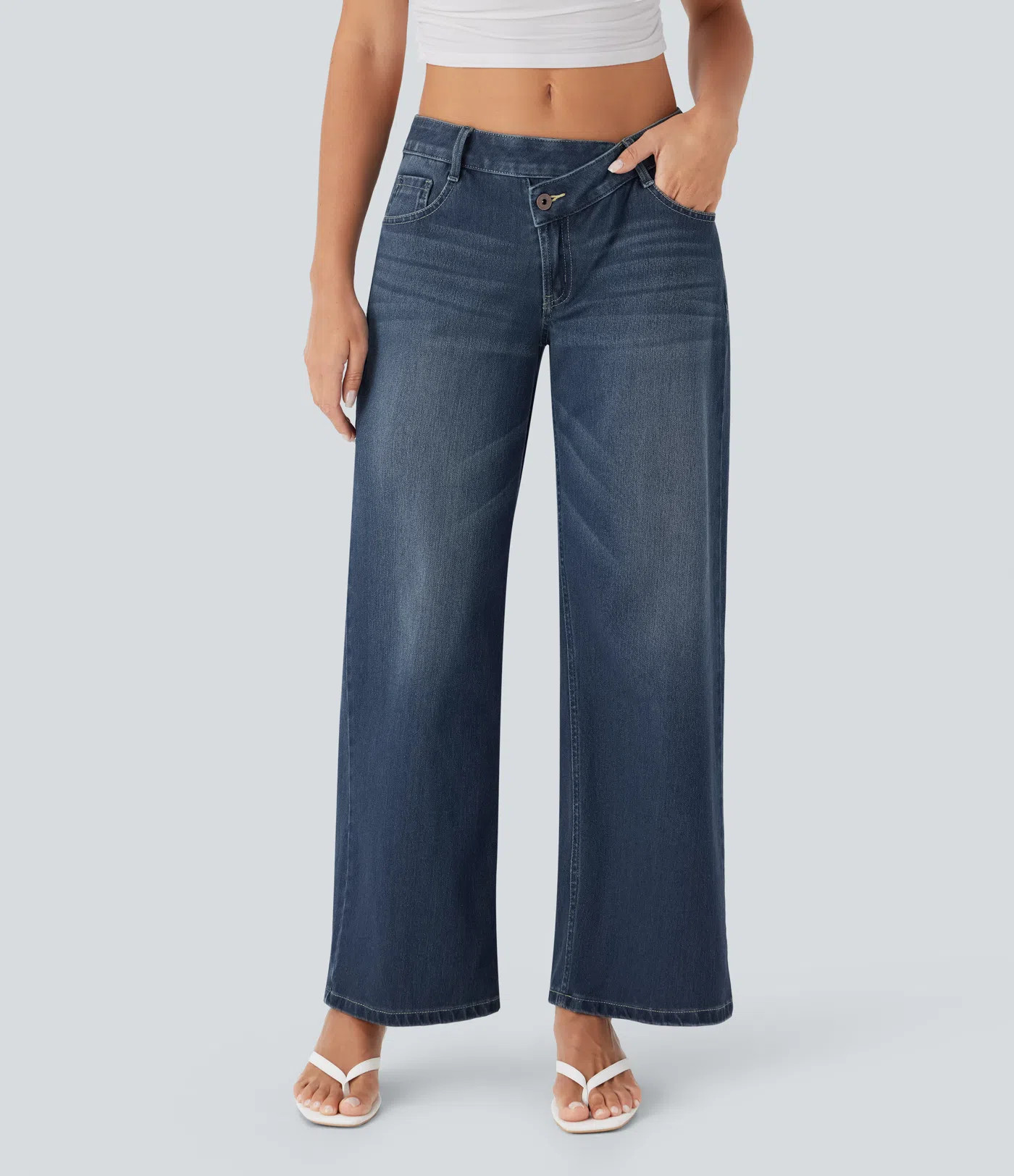 Women’s Halara Flex™ Asymmetric Low Rise Zipper Pockets Baggy Wide Leg Washed Casual Jeans - ... | HALARA