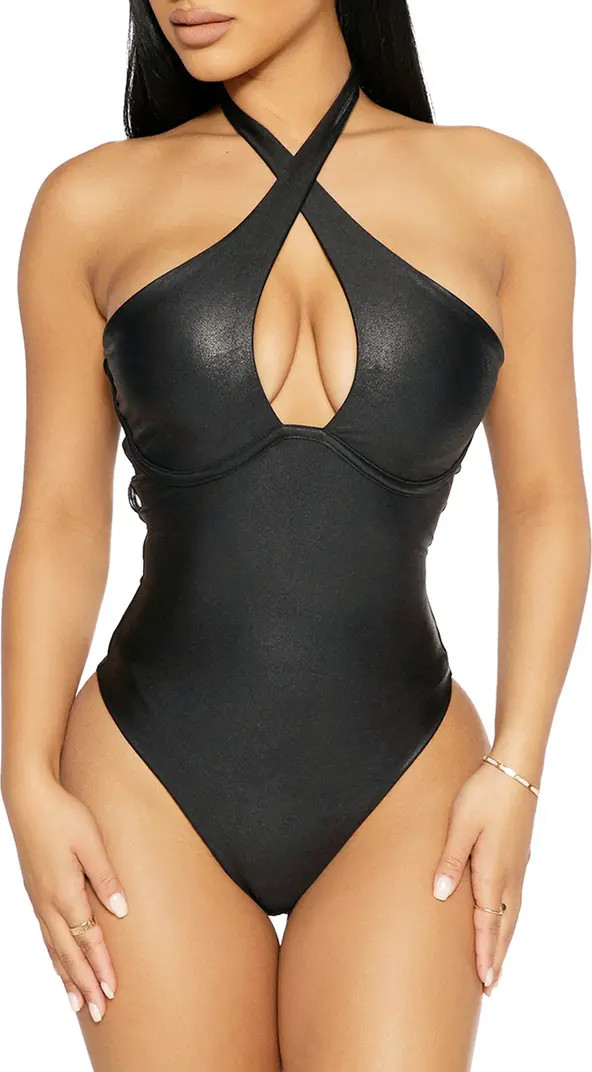 Got Me Drippin' Crisscross Cutout Faux Leather Underwire Bodysuit | Nordstrom Rack