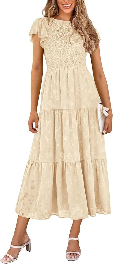 PRETTYGARDEN Midi Dresses for Women 2026 Summer Floral Cap Sleeve Smocked A Line Long Elegant Spr... | Amazon (US)