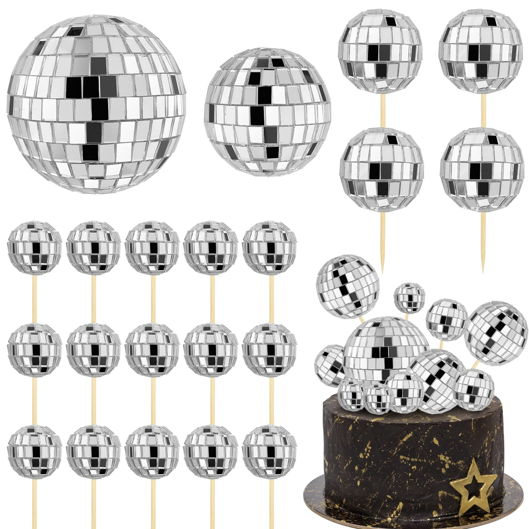 21 PCS DIY Disco Ball Cupcake Toppers Reflective Mirror Ball Cake Decorations for Disco Theme Par... | Amazon (US)
