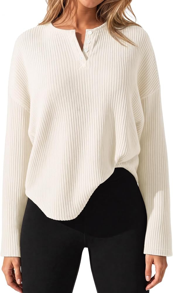 Fisoew Womens Long Sleeve Henley Shirts Ribbed Knit Button Tunic Tee Tops | Amazon (US)