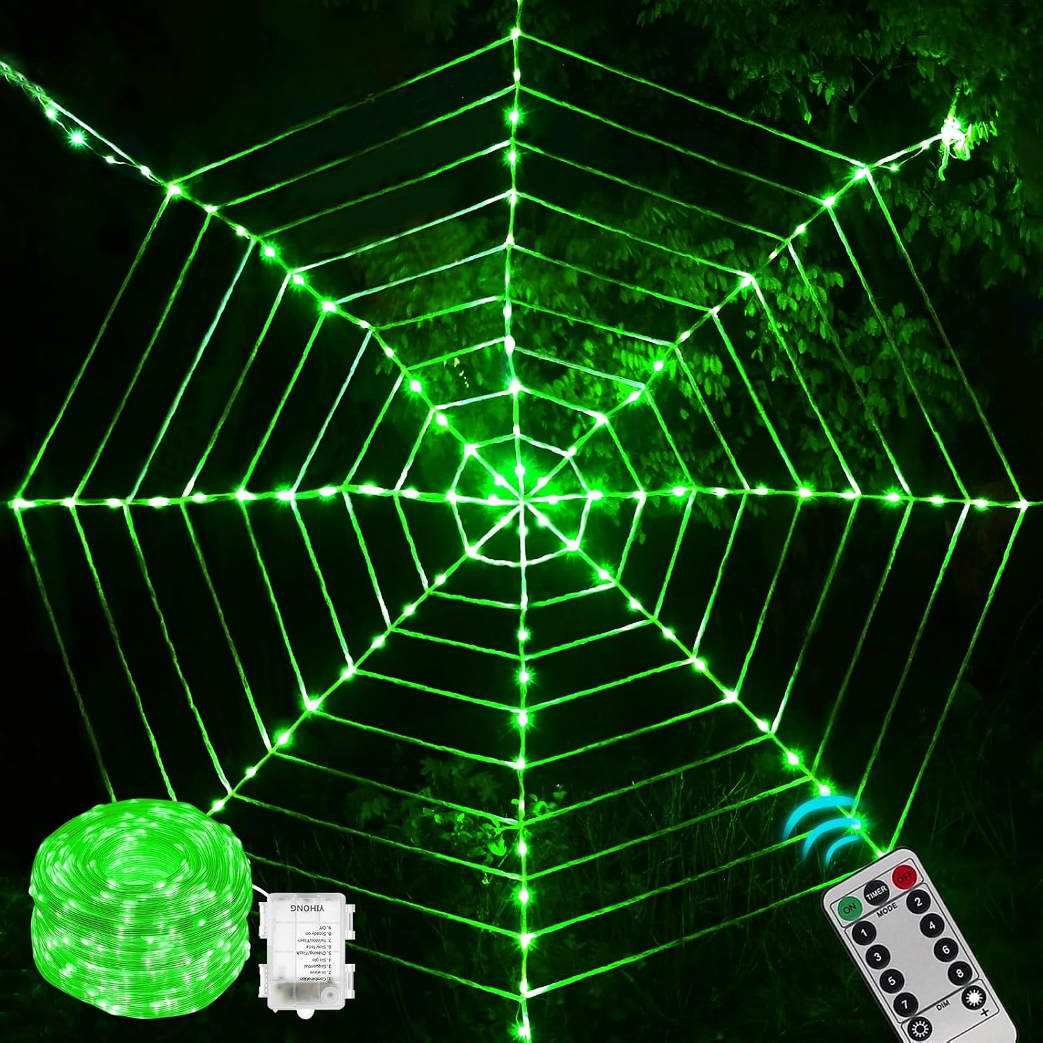 Maxee 114 LED Halloween Spinnennetz Lichter Deko, 3,6 m Riesige Runde Netzlicht Lichterkette mit Fernbedienung (8 Modi & Timer), Lichternetz Dekoration für Fenster Garten Drinnen Außen - Grün | Amazon (DE)