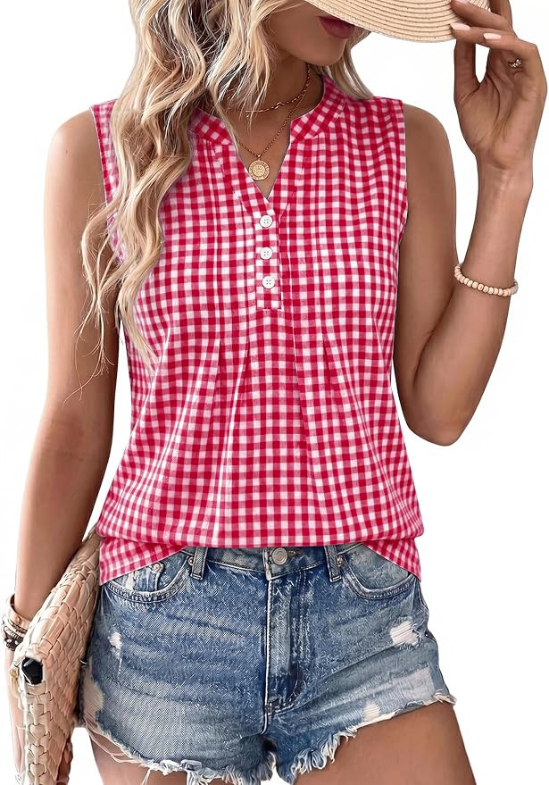 LOMON Womens Cotton Linen Tank Tops V Neck Pleated Spring Summer Sleeveless Shirts | Amazon (US)