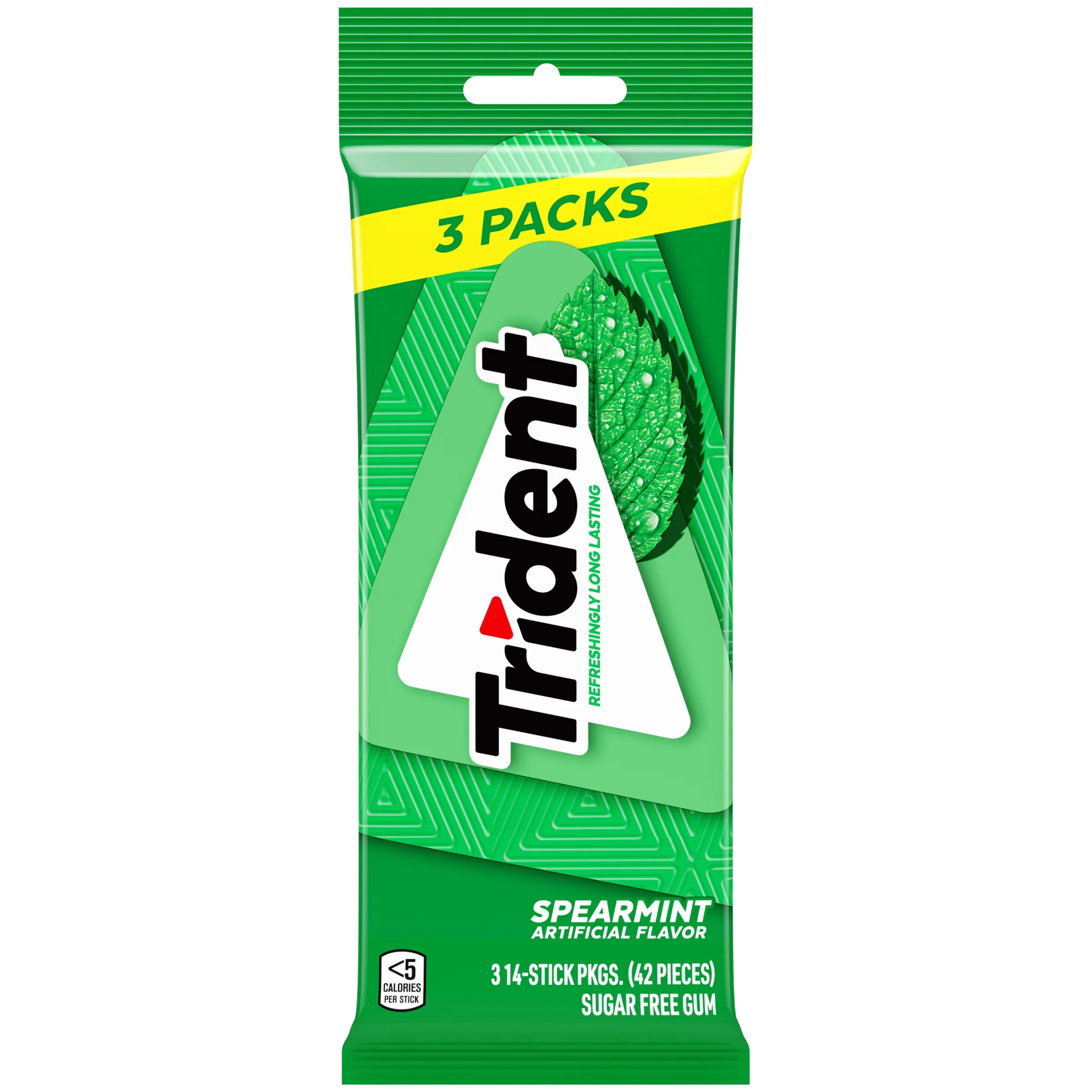 Trident Sugar Free Gum, Spearmint, 3 Packs of 14 Regular Size Pieces (42 Total Pieces) | Walmart (US)