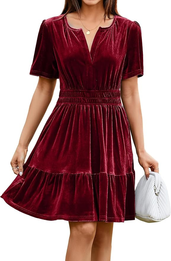 Simplee Women's 2024 Velvet Short Sleeve Cocktail Dress Winter Holiday V Neck Empire Waist Mini P... | Amazon (US)