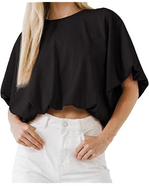Cicy Bell Womens Summer Crop Tops Puff Sleeve Casual Loose Bubble T-Shirts | Short Sleeve, Crew N... | Amazon (US)