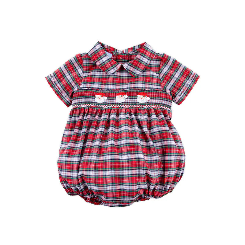 Happy Santa Smocked Seattle Red Plaid Collared Bubble | Classic Whimsy