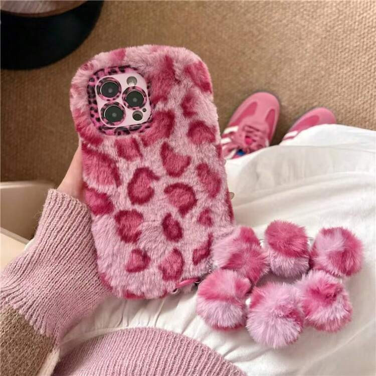 Leopard Plush Phone Case With Wrist Strap, Suitable For 14 Pro Max, 14 Pro, 14, 15 Pro Max, 15 Pro, 15, 16 Pro Max, 16 Pro, 16, 13 Pro Max, 13 Pro, Minimalist Design For Women | SHEIN