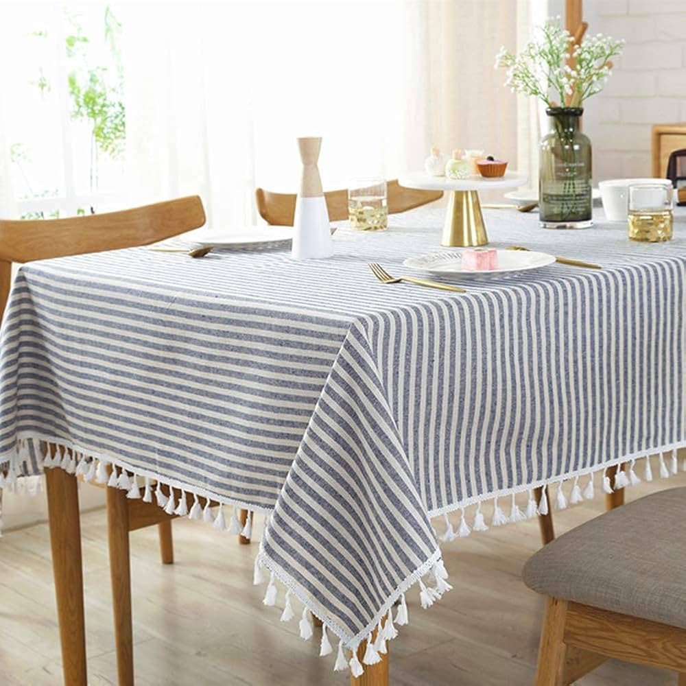 meioro Table Cloth Blue White Striped Tablecloth Tassels Cotton Linen Dust-Proof Table Cover for ... | Amazon (US)