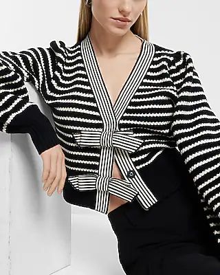 Striped V-Neck Bow Button Front Cardigan | Express