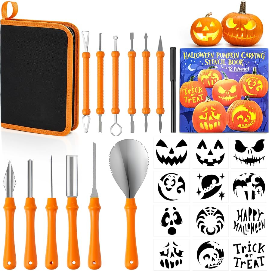 JOYIN 14 Pcs Halloween Pumpkin Carving Kit, Professional Carving Set with Handbag, 12 Stencils, S... | Amazon (US)
