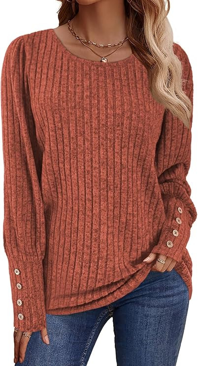 Lylinan Womens Ribbed Knit Long Sleeve Tops Casual Button Cuff Pullover Sweaters Blouses S-XXL | Amazon (US)