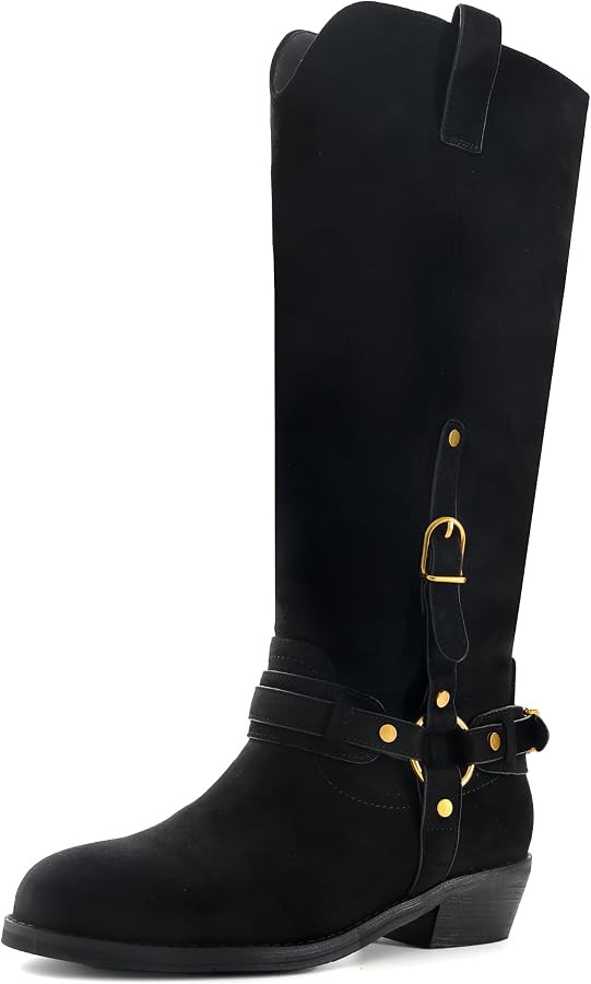 Women's Knee High Riding Boots Round Toe     Round Toe Pull On Tall Riding Boots with Buckle, App... | Amazon (US)
