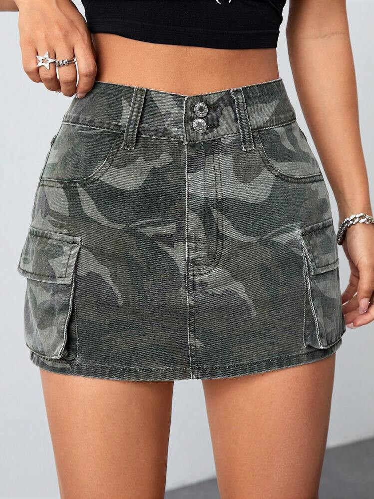 SHEIN ICON Camo Print Flap Pocket Denim Skirt | SHEIN