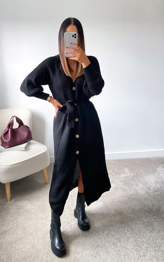 Lauren Puff Sleeve Longline Knitted Cardigan in Black | iKrush