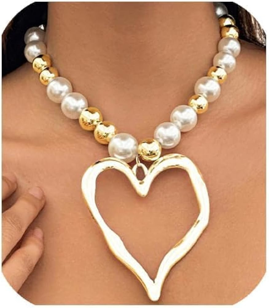 Y2k Large Heart Necklaces for Women Chunky Love Pearl Ball Beads Choker Necklaces Exaggerated Big... | Amazon (US)