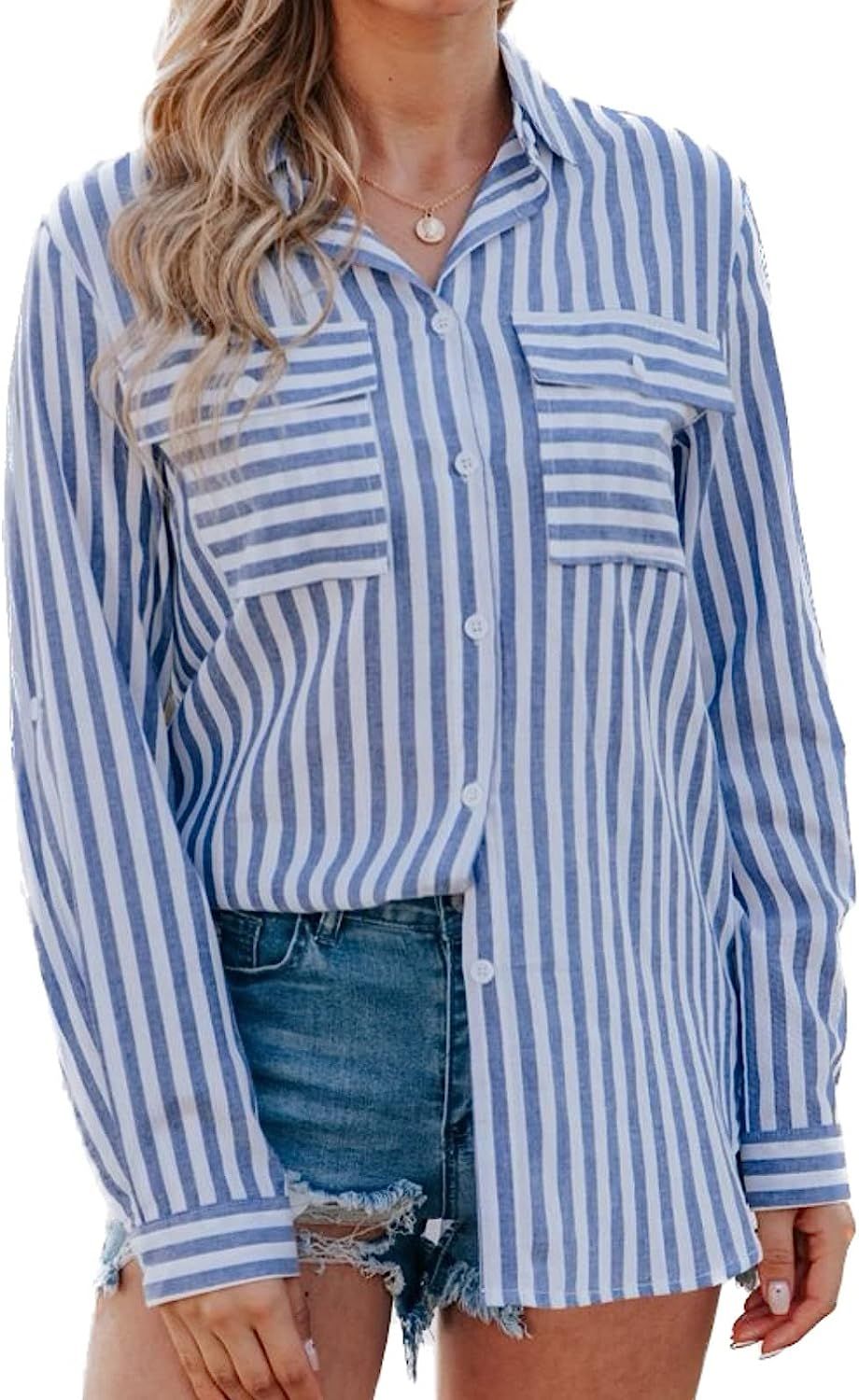 Tenna Teki Women's Striped Button Down Shirts Loose Fit Long Sleeve Tunic Top Blouses with Pocket... | Amazon (US)