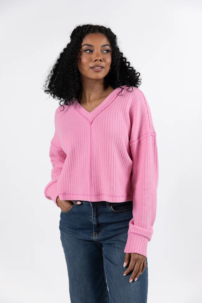 Living Right Pink Ribbed V-Neck Knit Top | Pink Lily