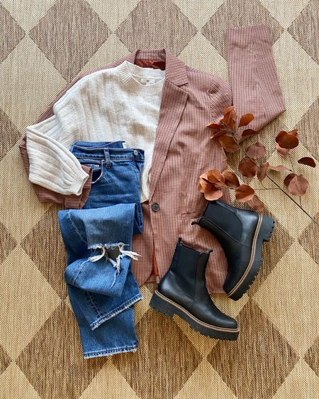 Fall transition outfits. Abercrombie jeans. Abercrombie denim event. Nordstrom anniversary sale sweater. Plaid blazer. Target style. Black lug boots. 

#LTKsalealert #LTKSeasonal #LTKBacktoSchool