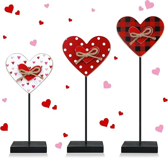 3PCS Valentines Day Decorations Wooden Heart Sign, Rustic Farmhouse Valentine's Day Wooden Table ... | Amazon (US)