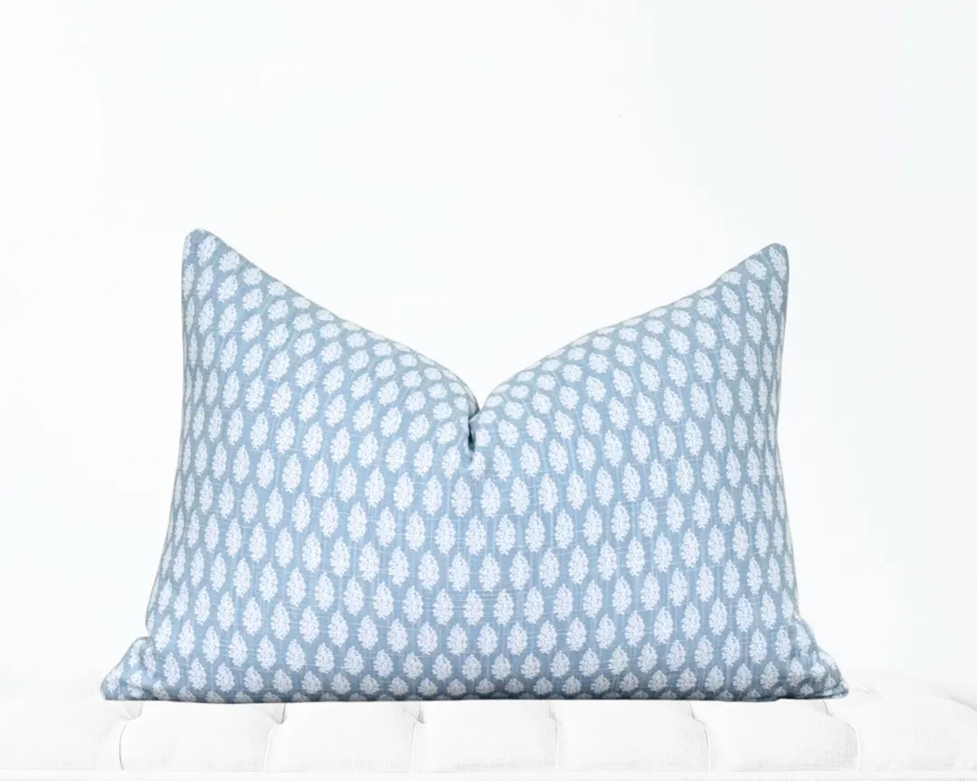 Blue White Block Print Pillow Cover, Blue Linen Pillow, Spring Pillow Cover, Floral Block Print P... | Etsy (US)