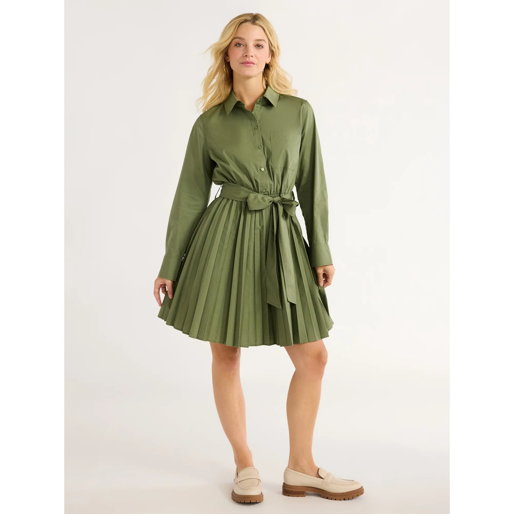 Free Assembly Women’s Pleated Mini Shirtdress with Long Sleeves, Size XS-XXL | Walmart (US)
