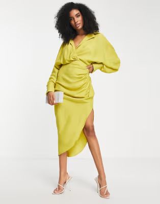 ASOS EDITION textured drape midi shirt dress with tie detail in chartreuse | ASOS (Global)