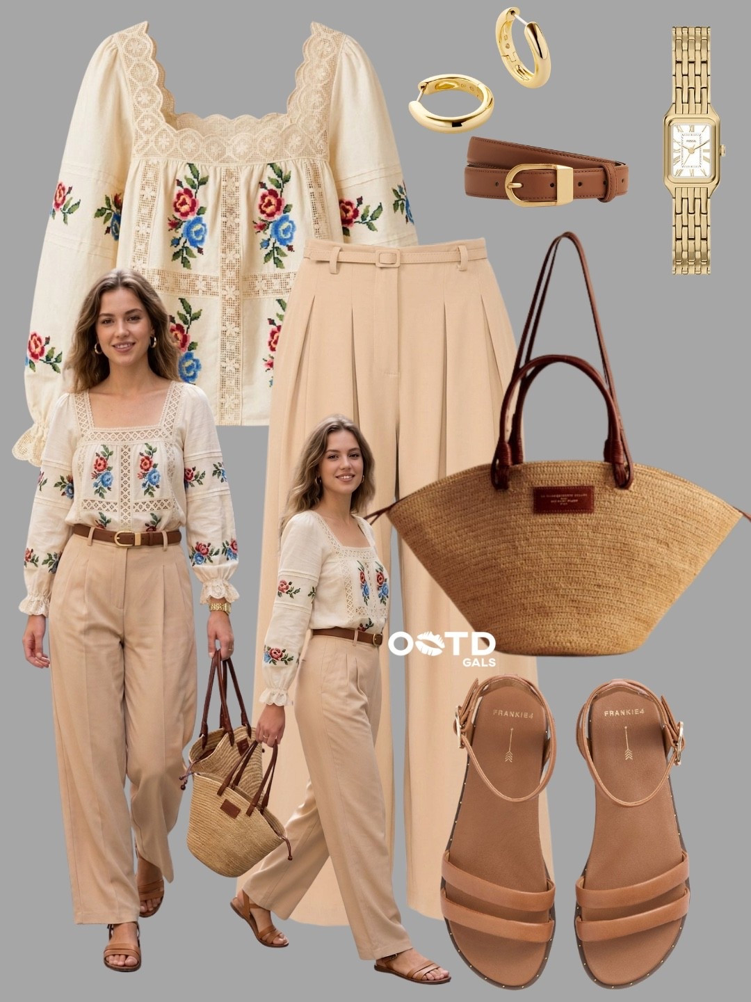 Romantic details with effortless earthy tones 🌾🤍

This look blends soft neutrals with delicate embroidery for a timeless outfit that feels feminine, relaxed, and elevated.

Easy elegance with a touch of vintage charm.

✨ Style Details:
• Embroidered blouse with lace trim for a romantic statement  
• Flowing beige trousers for a soft, tailored silhouette  
• Warm tan belt to define the waist beautifully  
• Woven straw tote with rich brown handles for a chic natural touch  
• Minimal leather sandals perfect for warm days  
• Gold accessories that add subtle polish and warmth  

The perfect mix of boho softness and refined style ✨

#LTKStyle #BohoChic #SummerStyle
@SEZANE

#LTKstyletip #LTKsummer