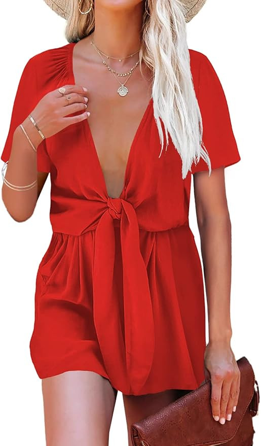 AlvaQ Womens Long Sleeve Romper Tie Knot Front V Neck Short Jumpsuits,S-XL | Amazon (US)