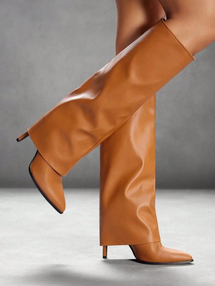 CUCCOO SZL Brown Textured Pointed Toe High Shaft Slim High Heel Over-The-Knee Boots, Sexy Fashion... | SHEIN