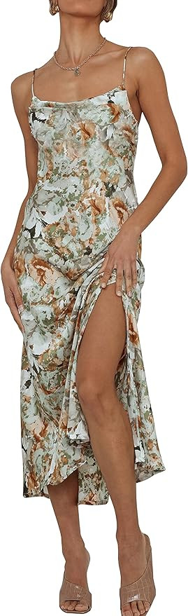 Cantonwalker Women's Satin Spaghetti Straps Cowl Neck Sexy V-Back Cross Slip Cocktail Formal Midi... | Amazon (US)