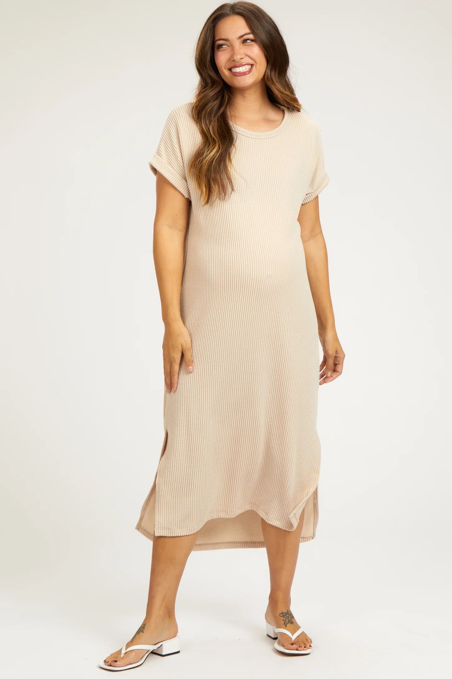 Beige Ribbed Short Sleeve Maternity Midi Dress | PinkBlush Maternity
