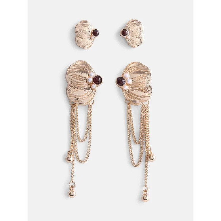Scenario Women's Gold Tone Stud and Tassel Earrings, 2-Piece Set | Walmart (US)