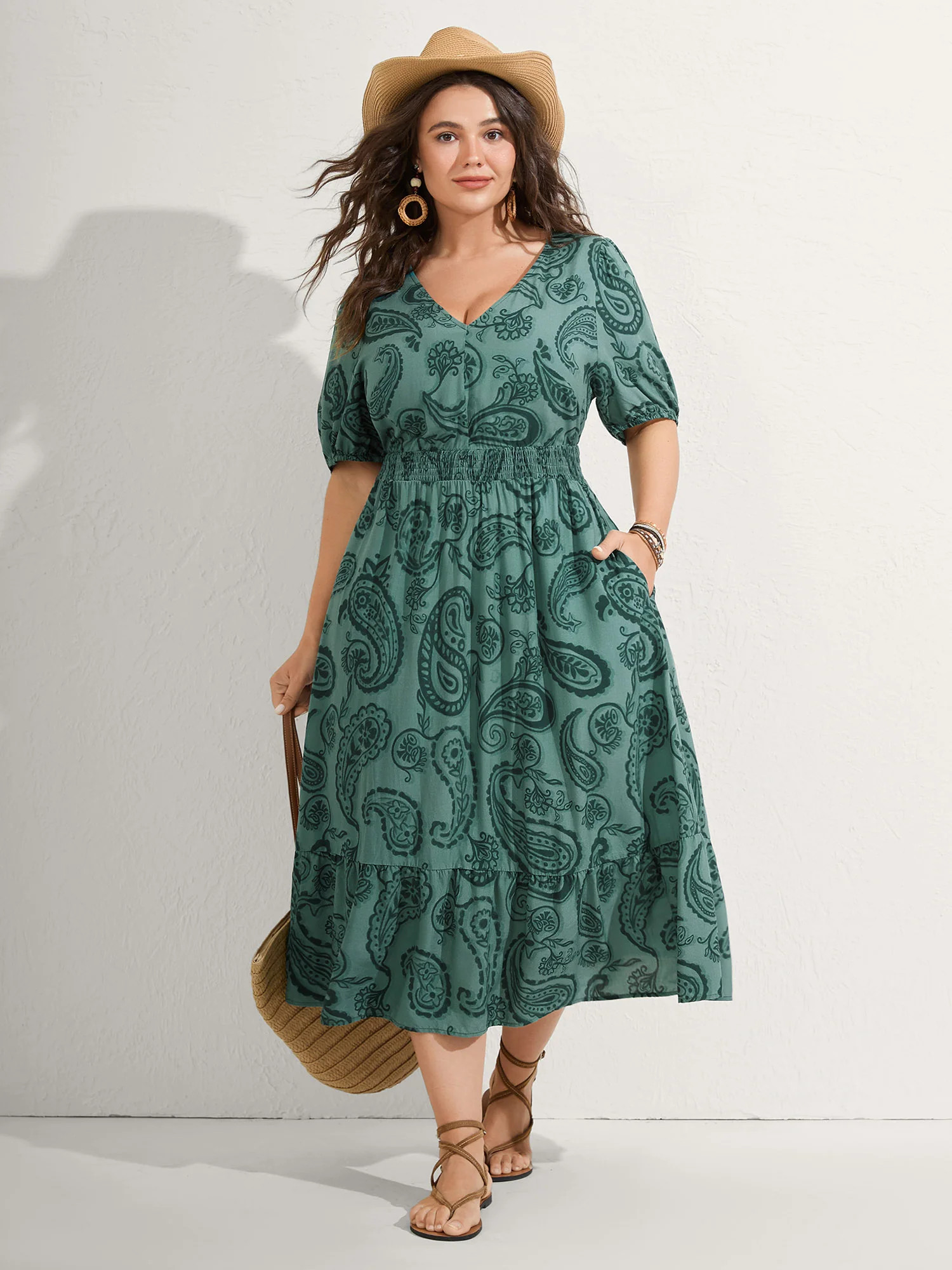 Paisley Print Shirred Waist Midi Dress | Bloomchic