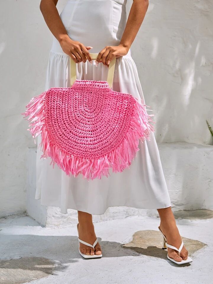 SHEIN VCAY Fringe Decor Straw Bag,Perfect For Summer Beach Travel Vacation pink | SHEIN