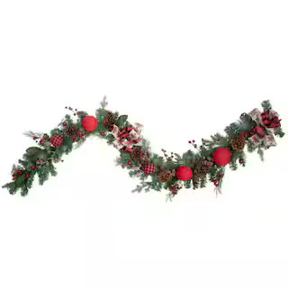 6 ft. Green Pine Artificial Christmas Garland with Plaid Ornaments and Bows | The Home Depot