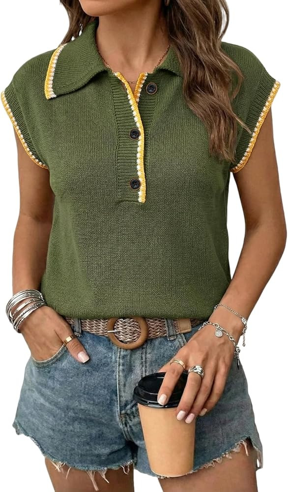 Dokotoo Womens Short Sleeve Sweater Spring Summer Tops Button Collar Lightweight Knit Sweaters Va... | Amazon (US)