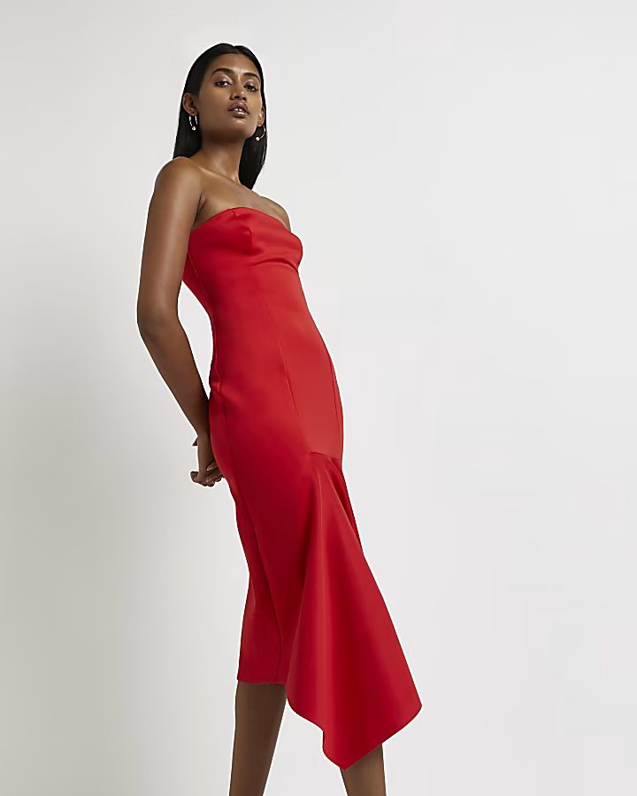 Red satin bandeau midi dress | River Island (US)