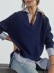 Brochu Walker | Women's Layered V-neck Pullover Sweater in Navy with Stripe Woven | Brochu Walker